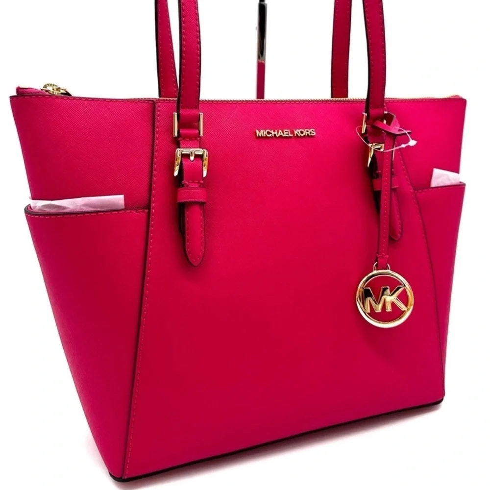 Michael Kors Large Charlotte Tote Bag Luggage Leather Electric Pink